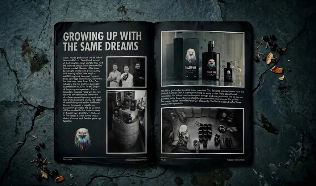 Falco Gin print design — editorial booklet spread premium spirit visual identity