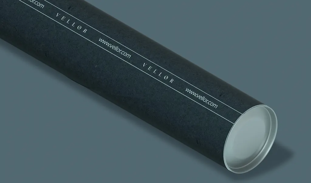 Vellor Residency brand identity — branded roll and print collateral luxury residential complex