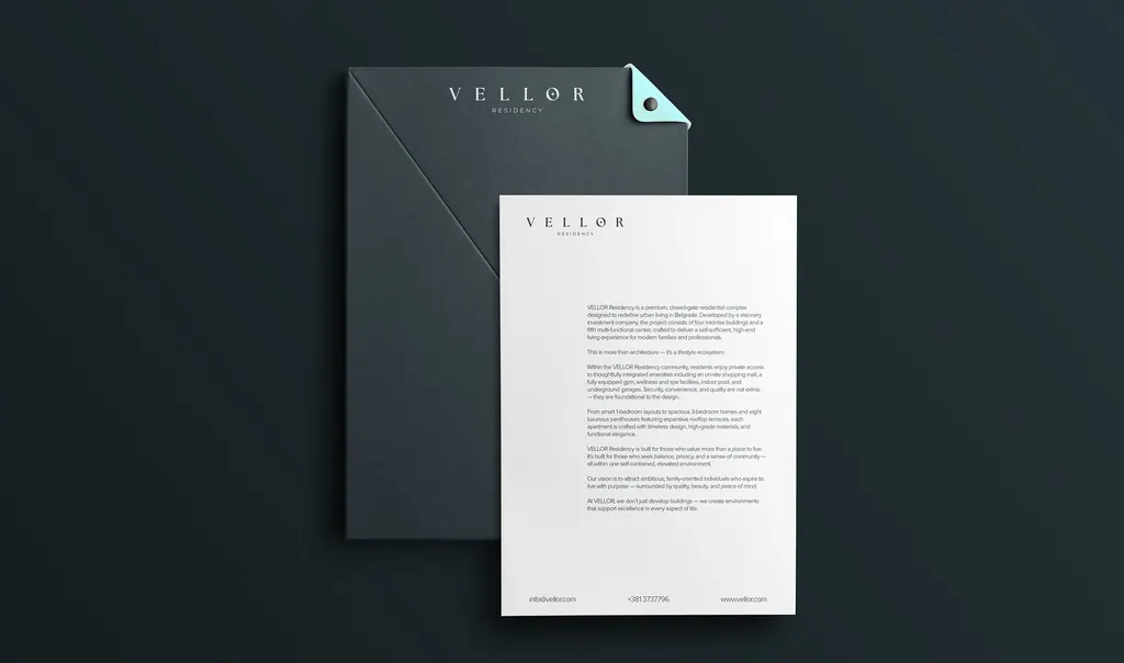 Vellor Residency brand identity — print materials and document design premium residential 2025