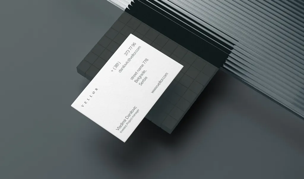 Vellor Residency brand identity — business card and stationery design luxury residential complex