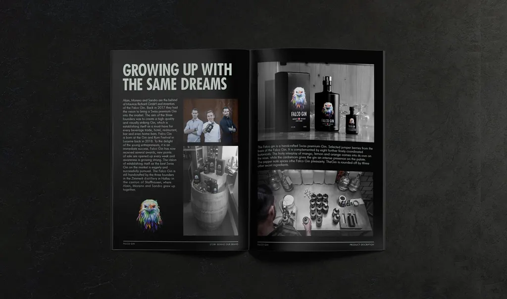 Falco Gin print design — luxury booklet spread editorial layout Swiss premium spirit