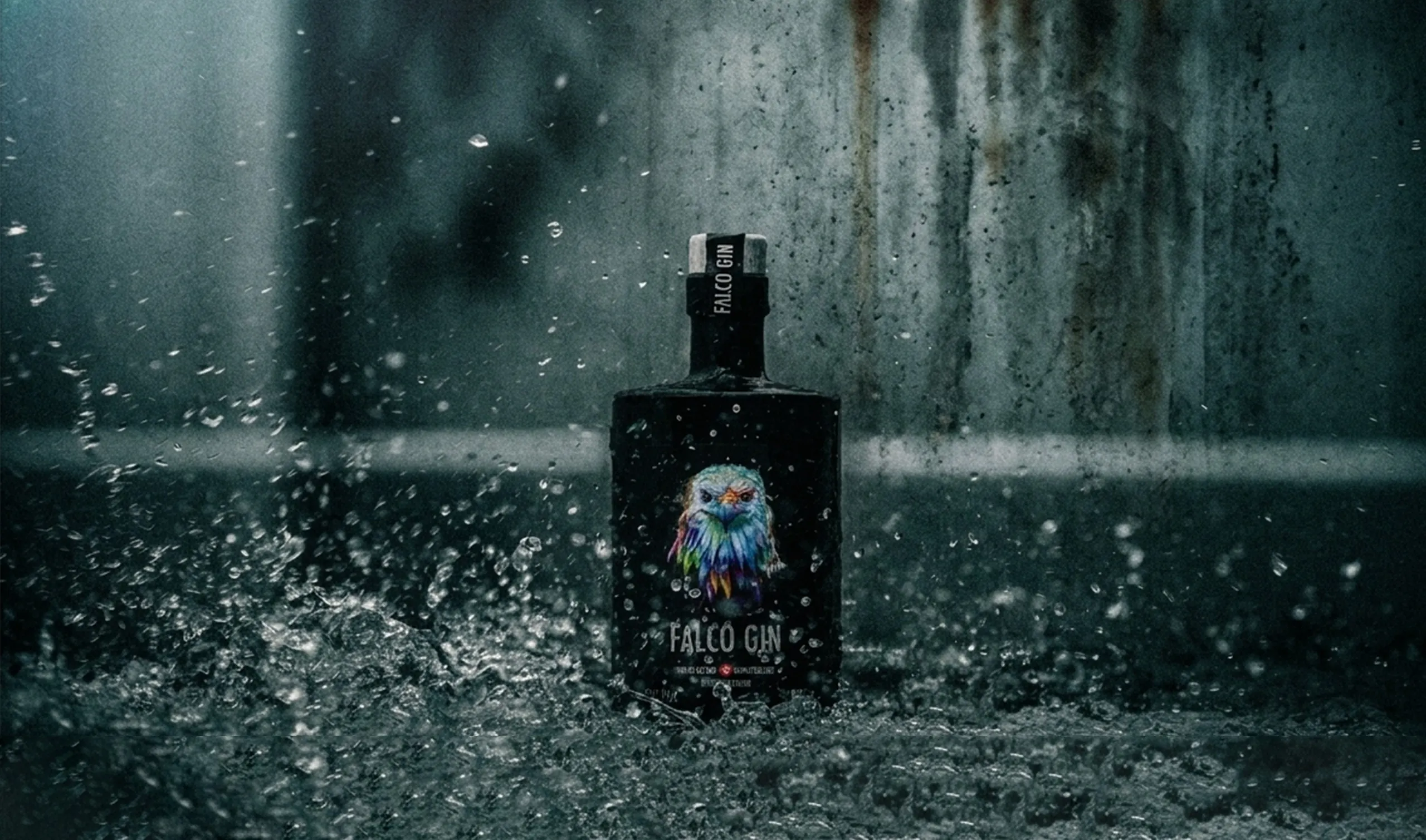 Falco Gin brand identity — premium Swiss gin editorial design dark atmospheric photography
