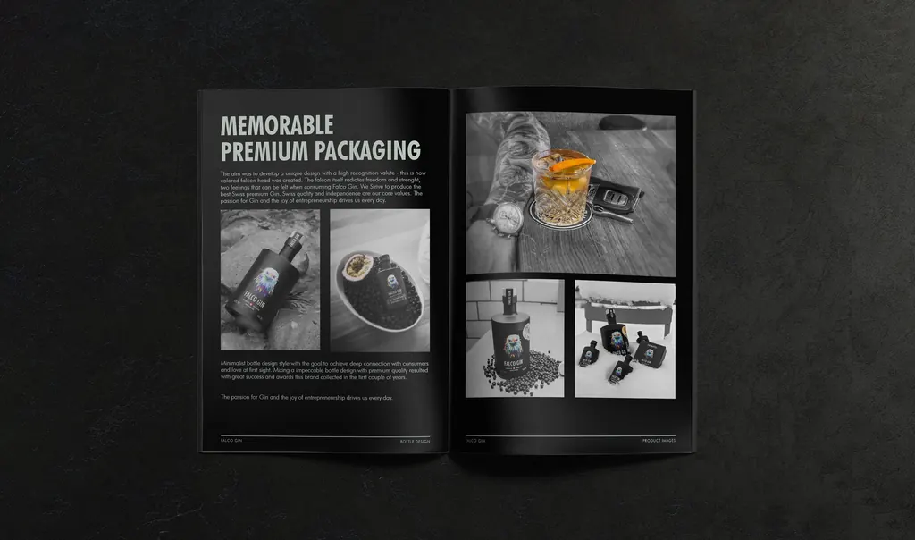 Falco Gin editorial design — multi-page print booklet art direction premium gin branding
