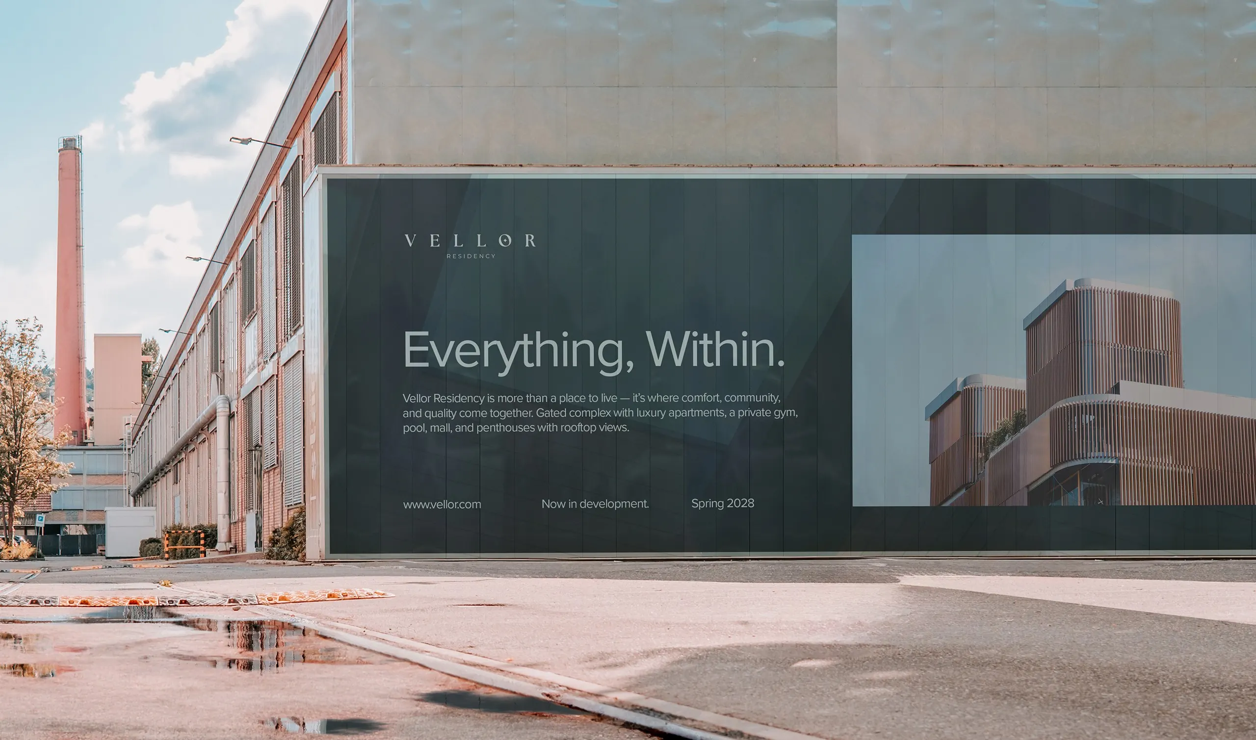 Vellor Residency brand identity — premium residential complex outdoor advertising art direction