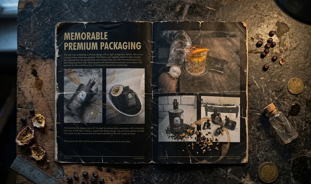 Falco Gin brand identity — editorial print design luxury gin booklet art direction