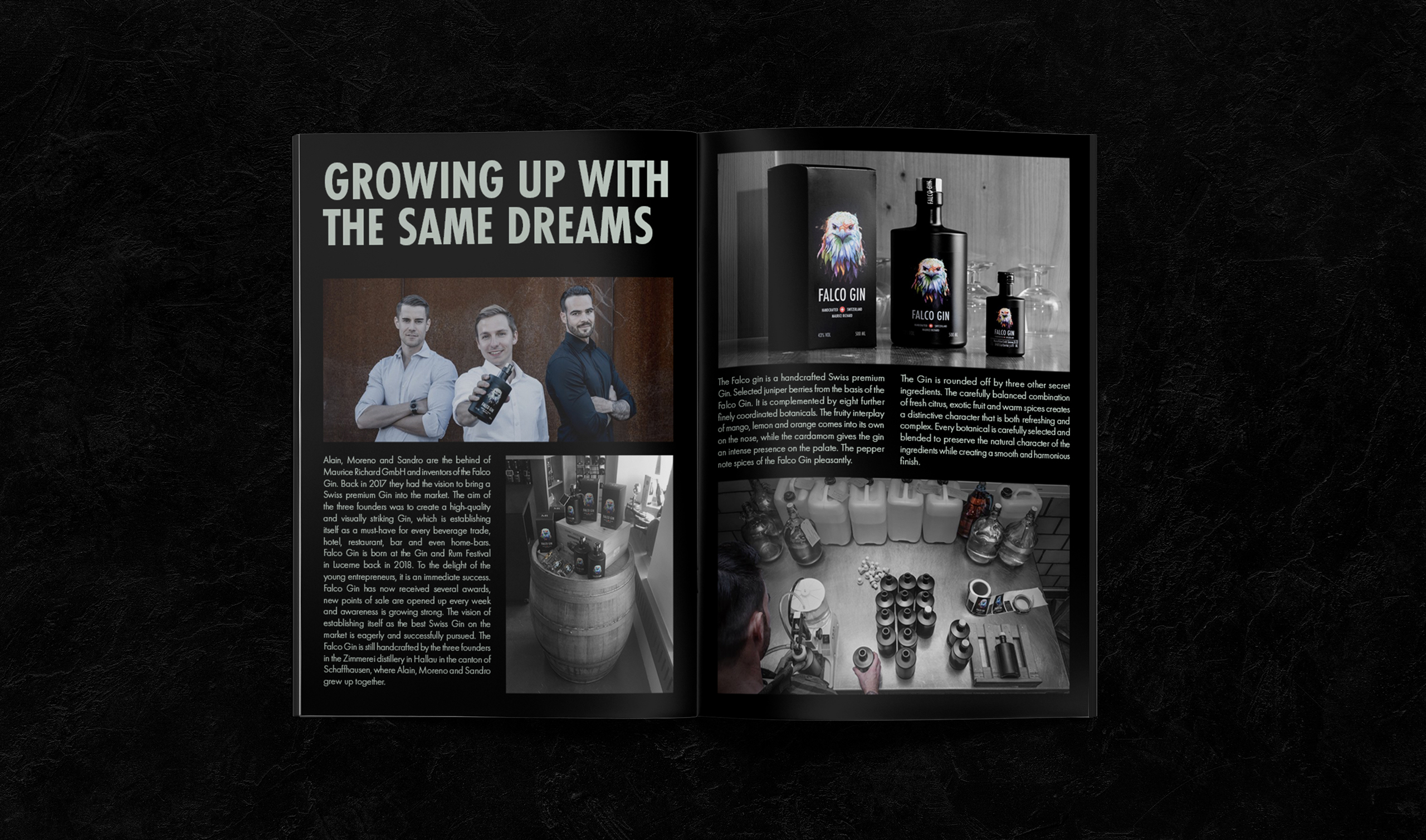 Falco Gin print design โ luxury booklet spread editorial layout Swiss premium spirit