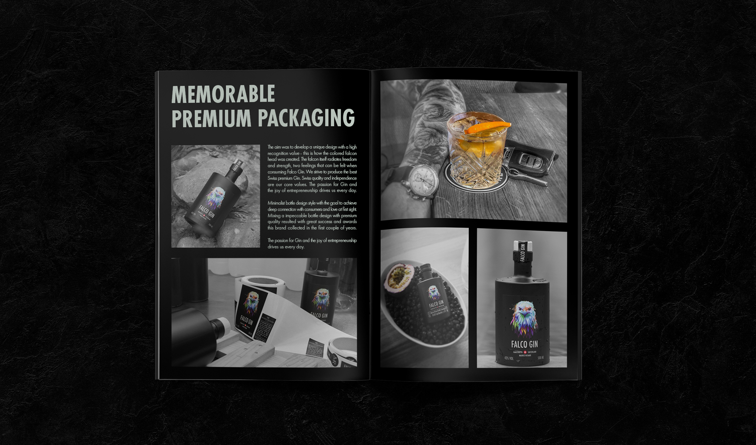 Falco Gin editorial design โ multi-page print booklet art direction premium gin branding